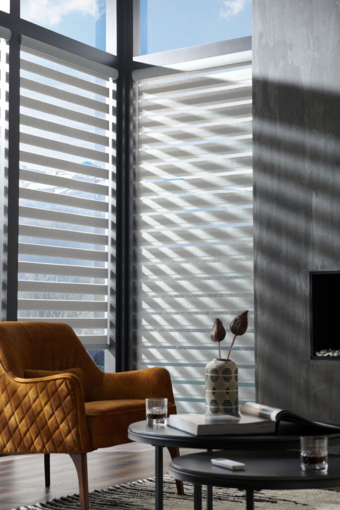 Banded shades aligned for filtered daylight in a contemporary Calgary home