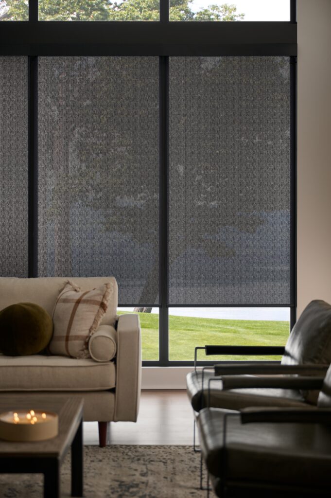 Solar shades controlling glare in a bright contemporary home