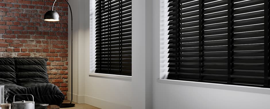 Close detail of custom wood blinds