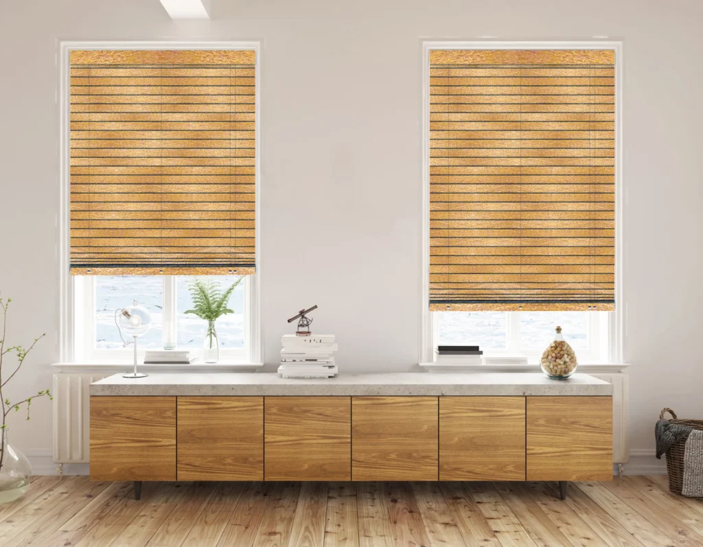 Close detail of custom faux wood blinds showing slat finish and texture