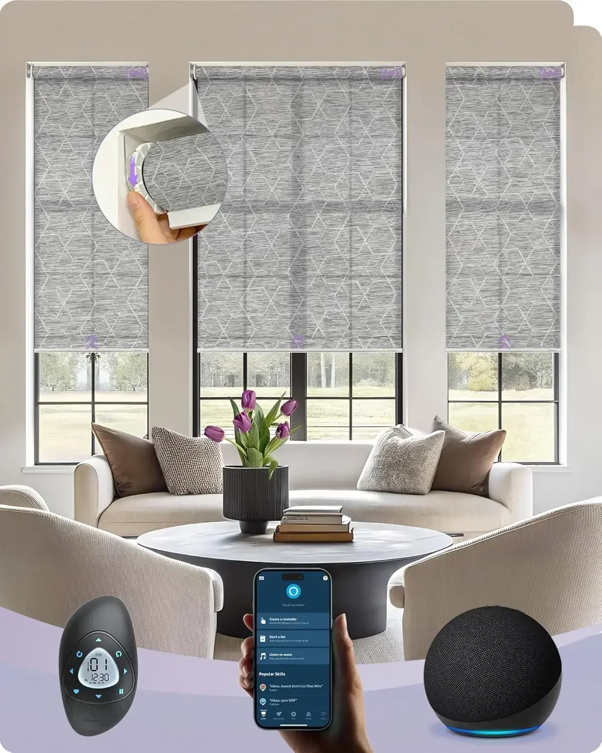 Motorized shades operating across large Calgary windows