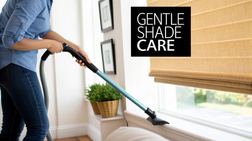 Close-up of gentle dusting and material-specific cleaning